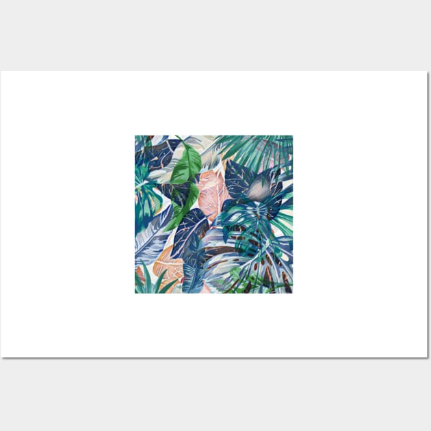 Tropical forest blue pink green beige tropical leaves Wall Art by katerina-ez